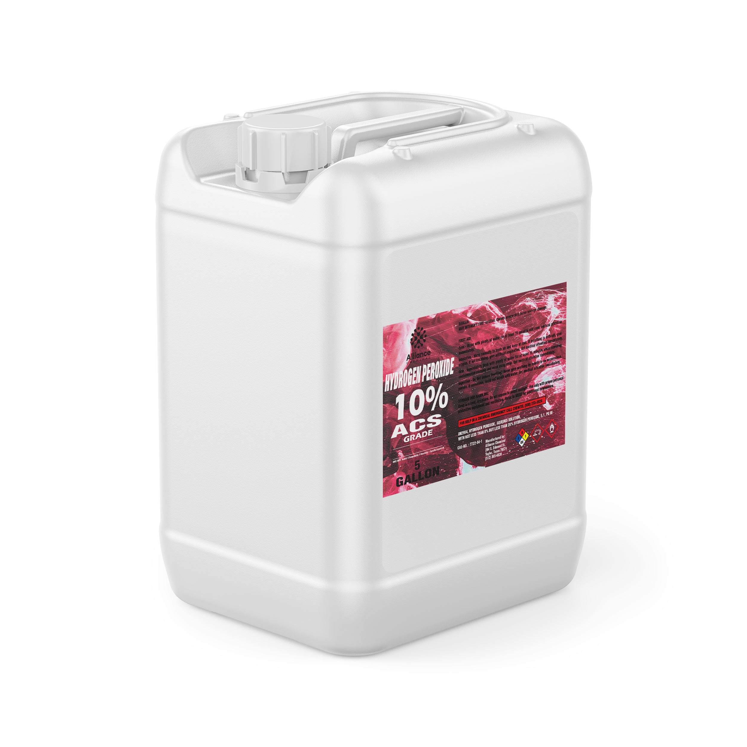 5-gallon white HDPE container of 10% ACS-grade hydrogen peroxide with red warning label, screw-cap closure, and hazard symbols for oxidizing materials.